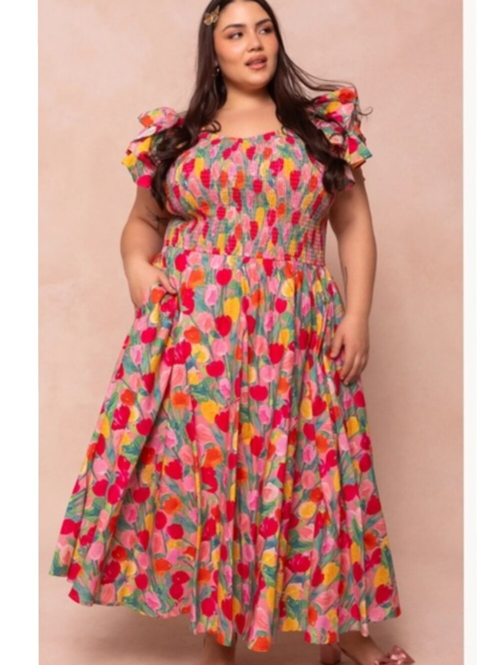 NEW Ivy City Co Hattie Dress Tulips Pink Smocked Top Floral Midi Dress Size 3X